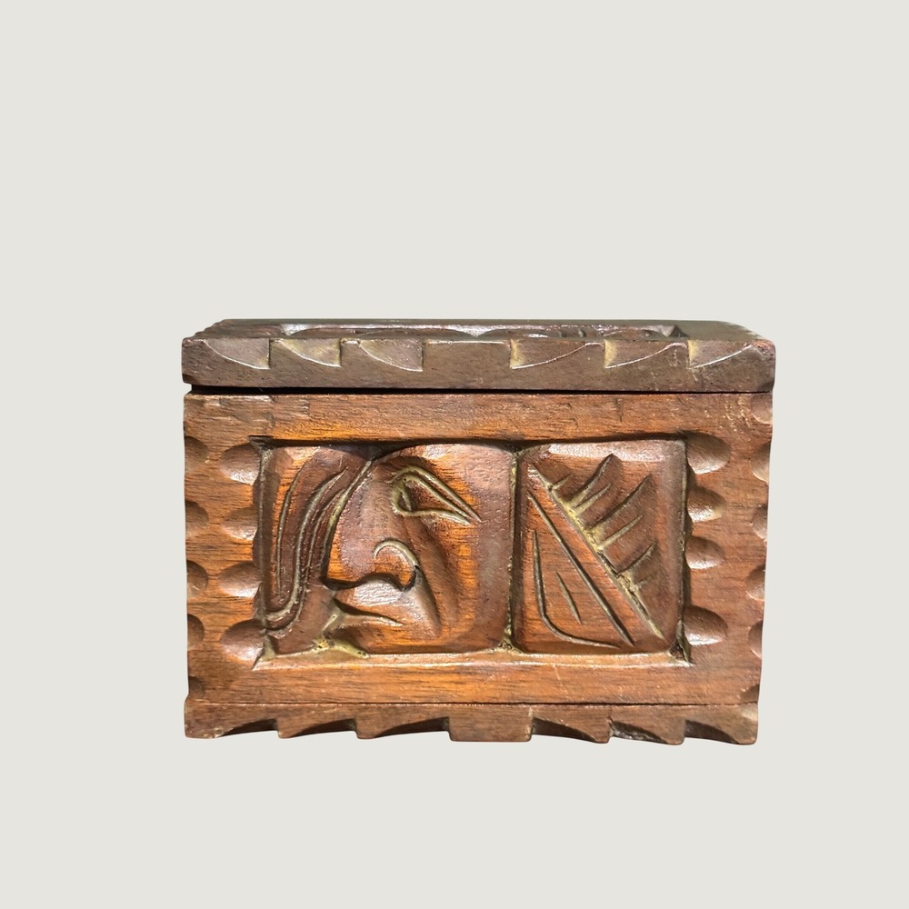 Vintage Carved Wood Faces Trinket Box Honduras Mayan Folk Art Sliding Lid Chest